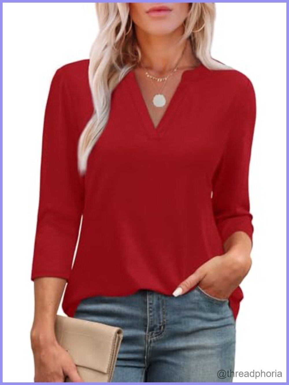 Womens 3/4 Sleeve V Neck Tunic T-Shirt Loose Curved Hem Casual Blouse